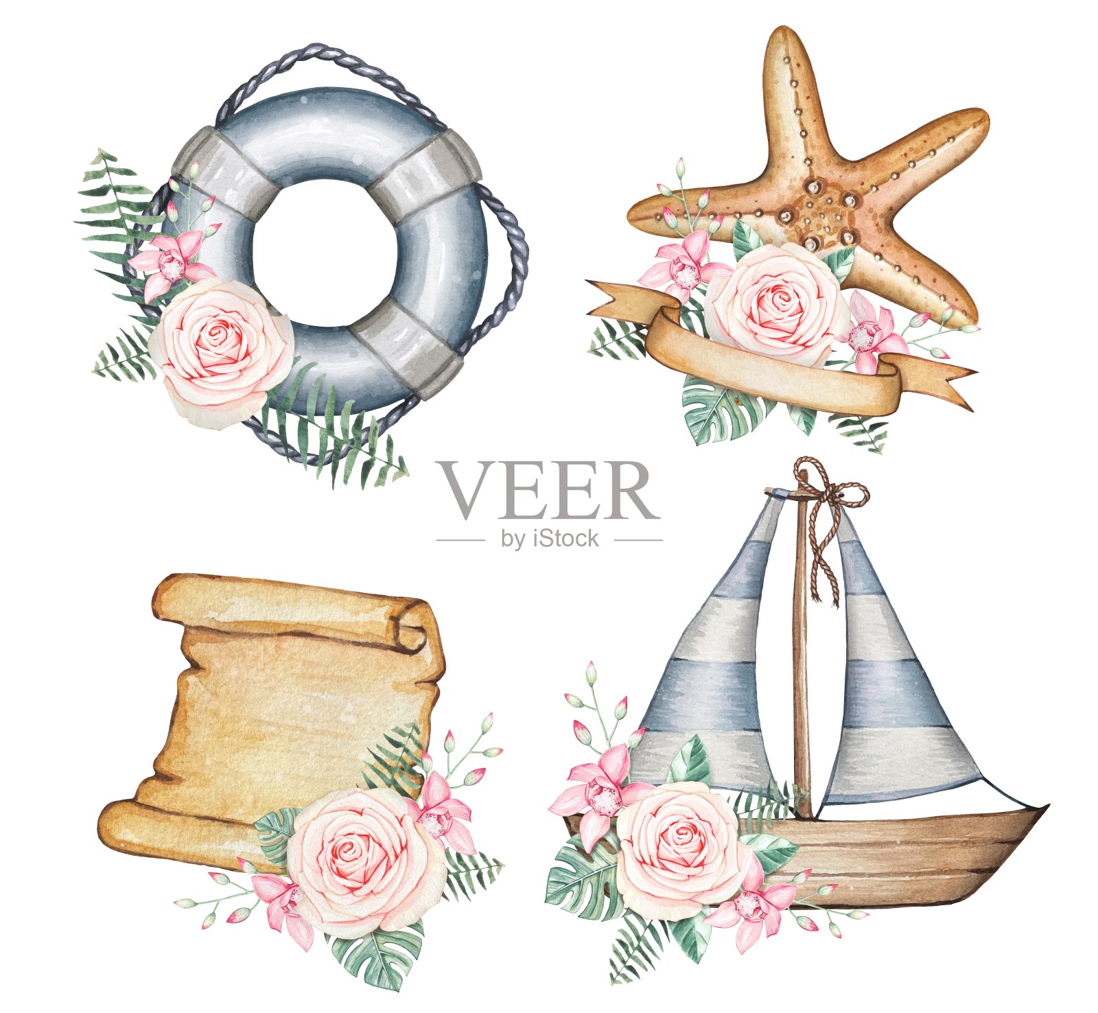 海洋集。花救生圈,海星,地图,船。白色背景水彩画插画图片素材