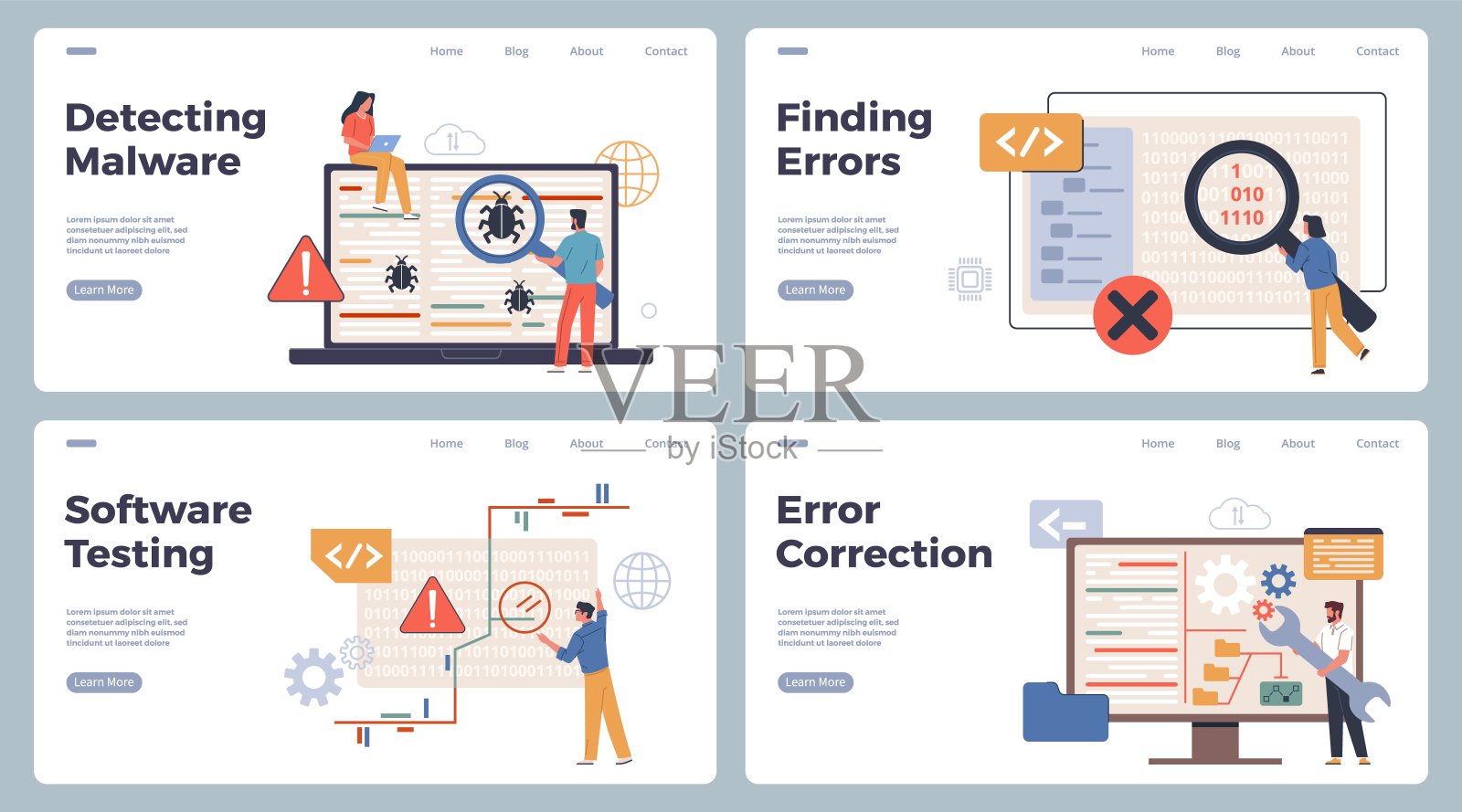 代码测试人员工作。人们检查应用程序和程序的错误和缺陷,软件测试过程,代码更正。网页模板。卡通平面风格孤立的矢量集插画图片素材