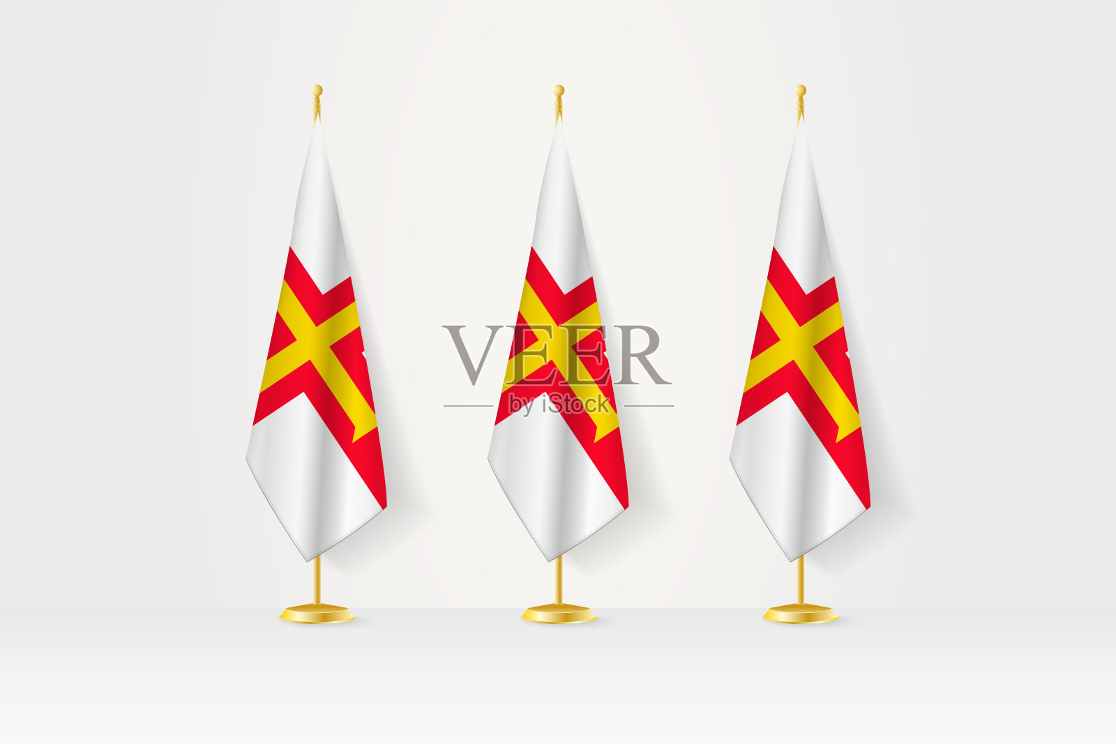 三面根西岛国旗在金色的看台上排成一排,这是新闻发布会和其他会议的插图。插画图片素材