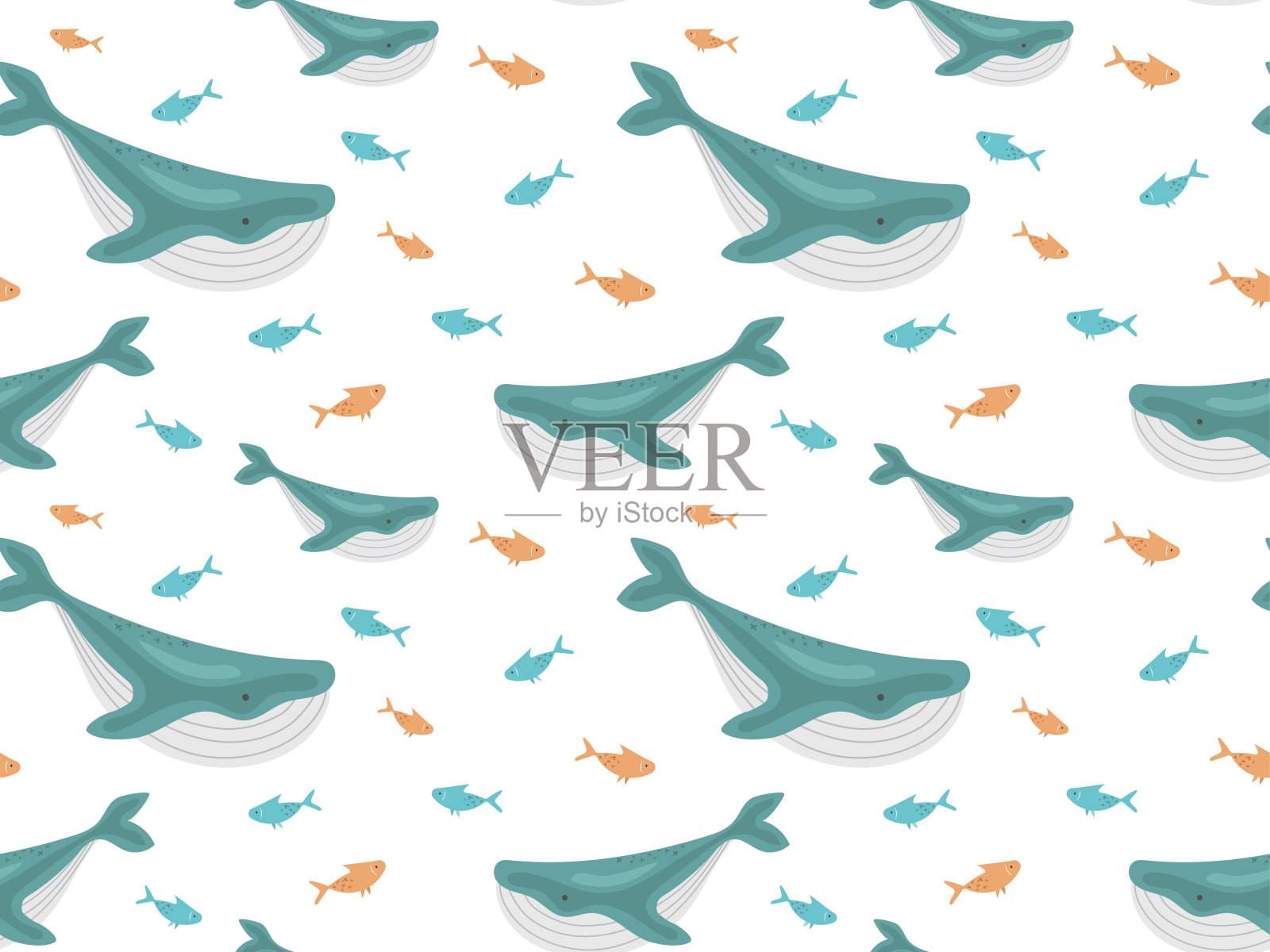 无缝图案与鲸鱼和小彩色鱼。用于纺织品,印刷品,壁纸,矢量插图。插画图片素材
