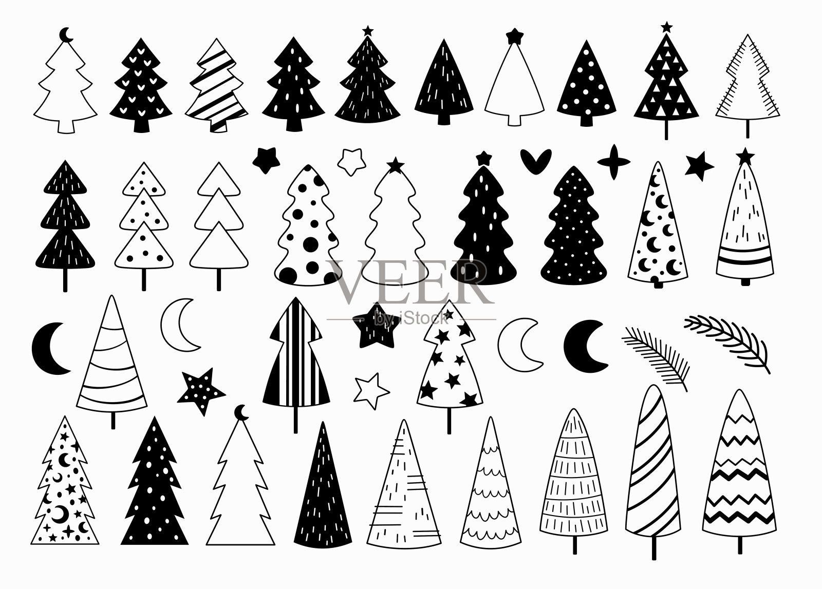 黑色和白色的圣诞树剪贴画在平面风格插画图片素材