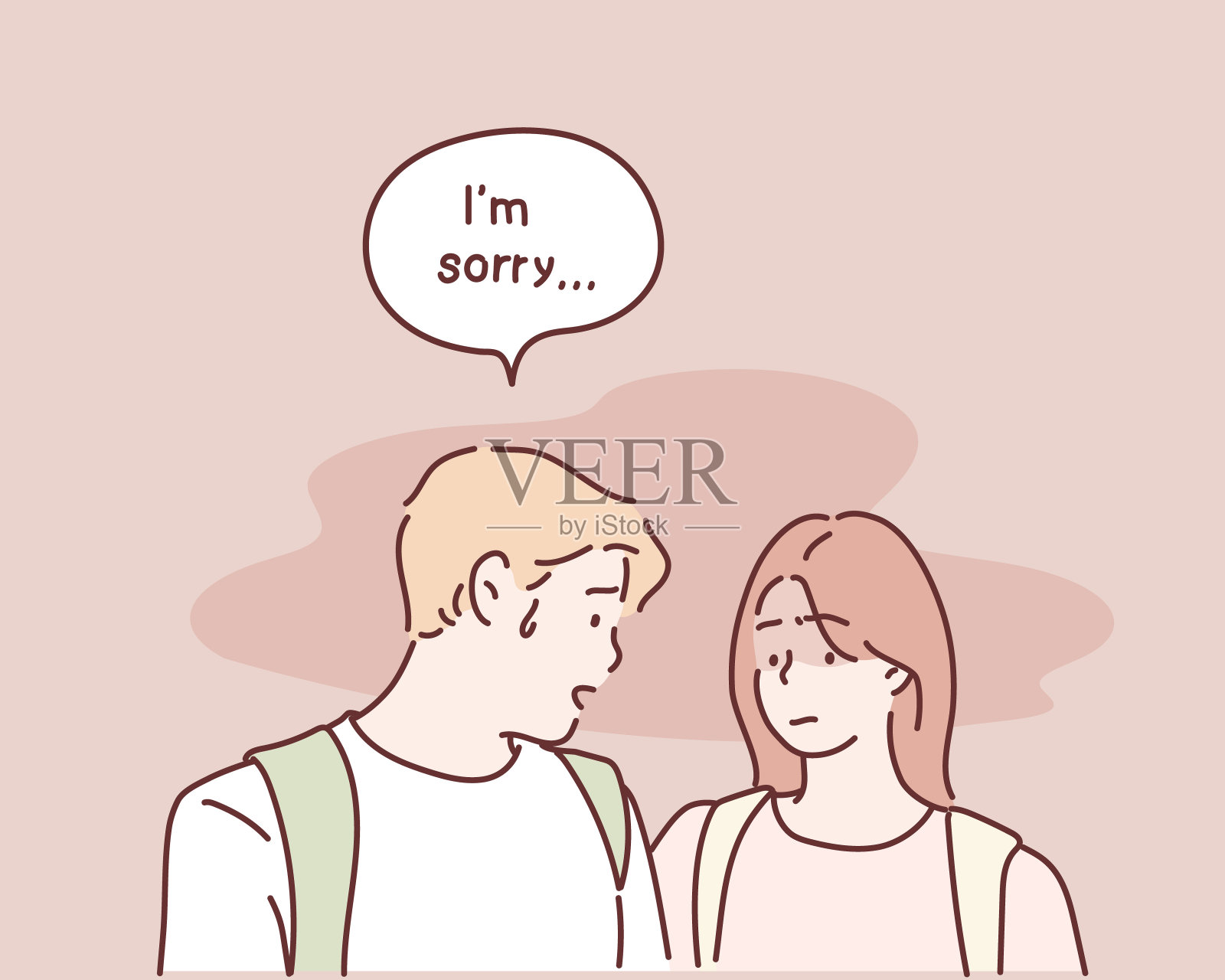 有爱的男友在冒犯心烦的女友之前道歉。插画图片素材