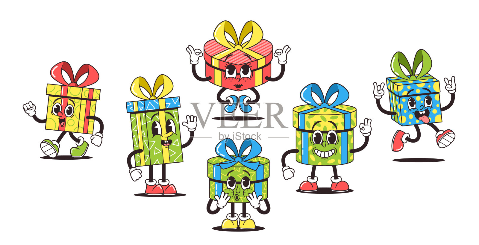 复古Groovy风格礼盒卡通人物。与我们充满活力的时髦图标一起踏上怀旧之旅插画图片素材
