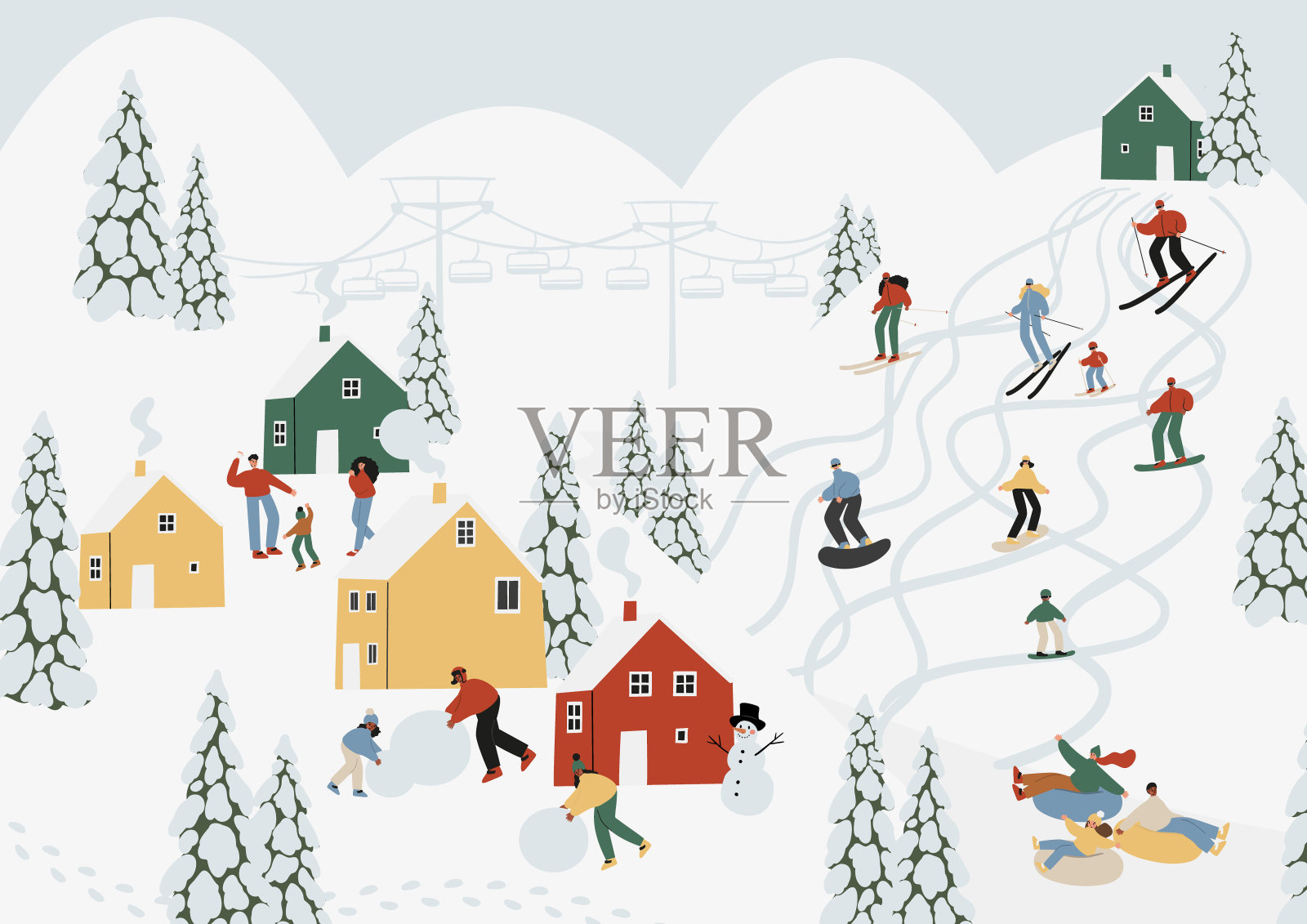 冬季海报与人滑雪,单板滑雪,滑冰,雪橇,冬季活动打印卡,山度假胜地场景墙艺术打印,平面风格矢量插图剪贴画。插画图片素材