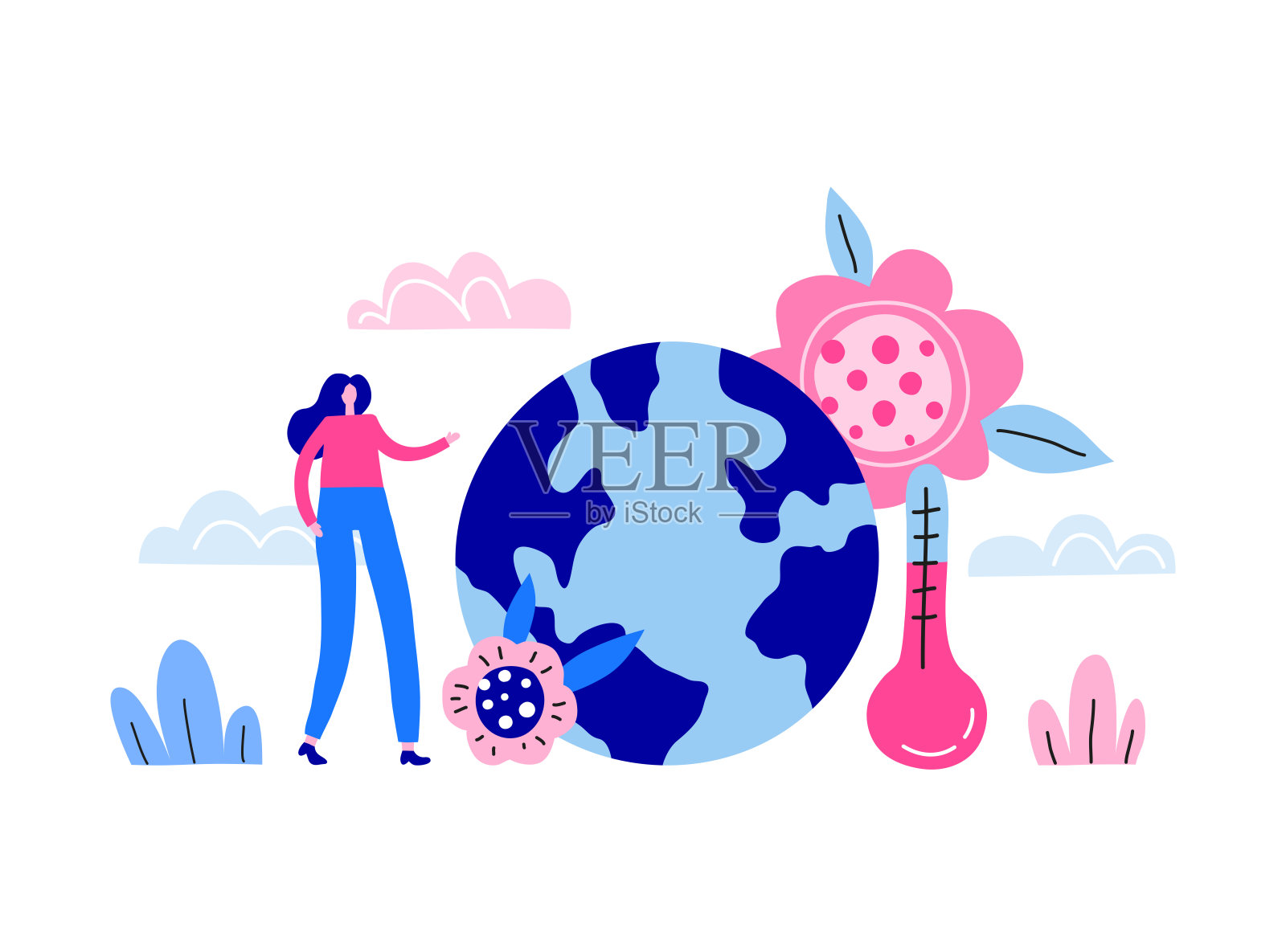 小女人性格,地球行星和气象温度计。插画图片素材