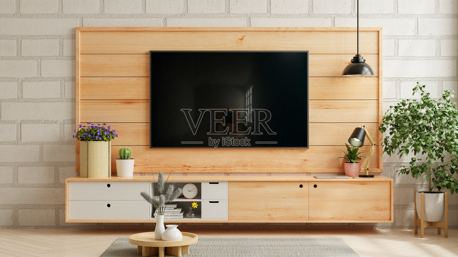 客厅木墙上的LED电视搭配木柜,简约设计照片摄影图片