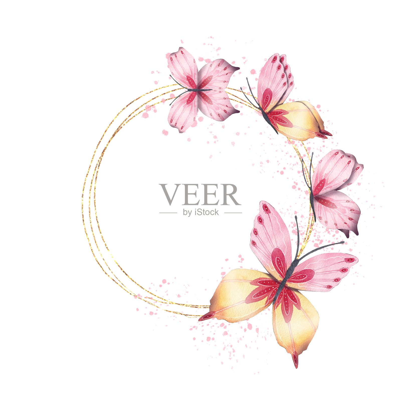 花环与抽象的粉红色蝴蝶,水彩。背景是蝴蝶。插画图片素材