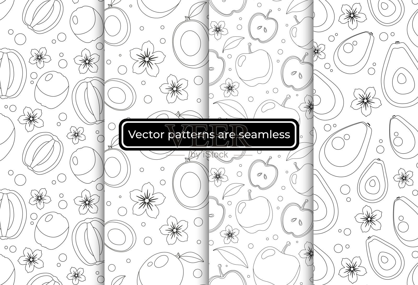 一套无缝着色模式与猕猴桃,芒果,苹果,鳄梨,花,白色背景上的圈子插画图片素材