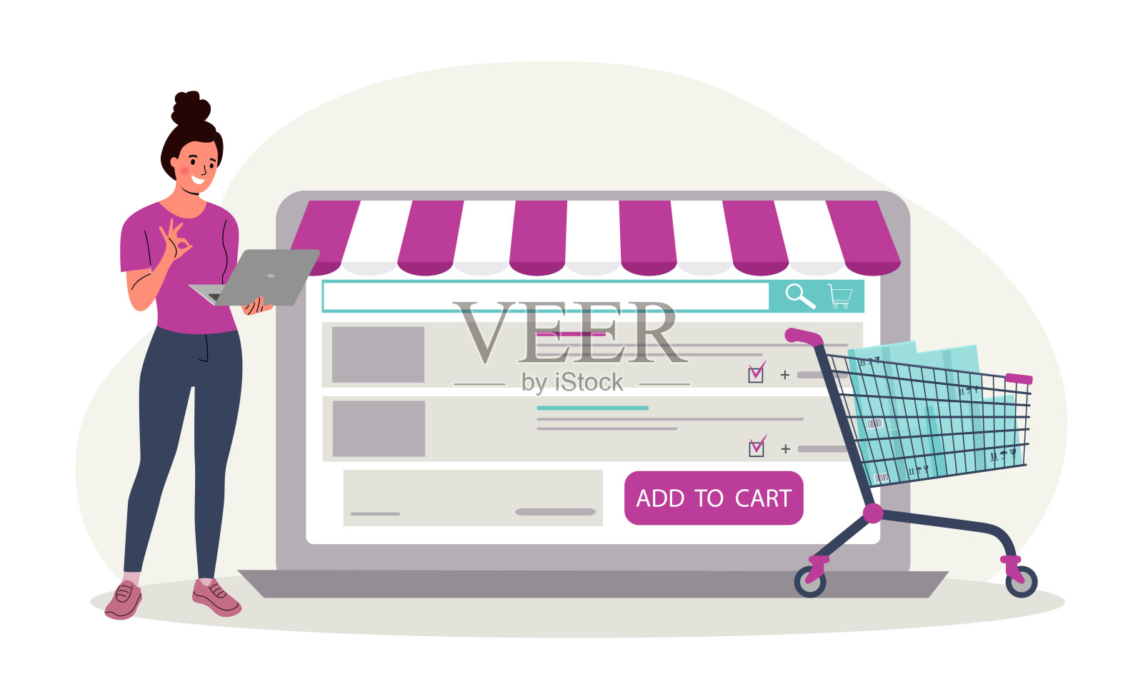 网上商店的概念。一个女人买了各种各样的东西,最后放在购物车里。矢量插图。插画图片素材