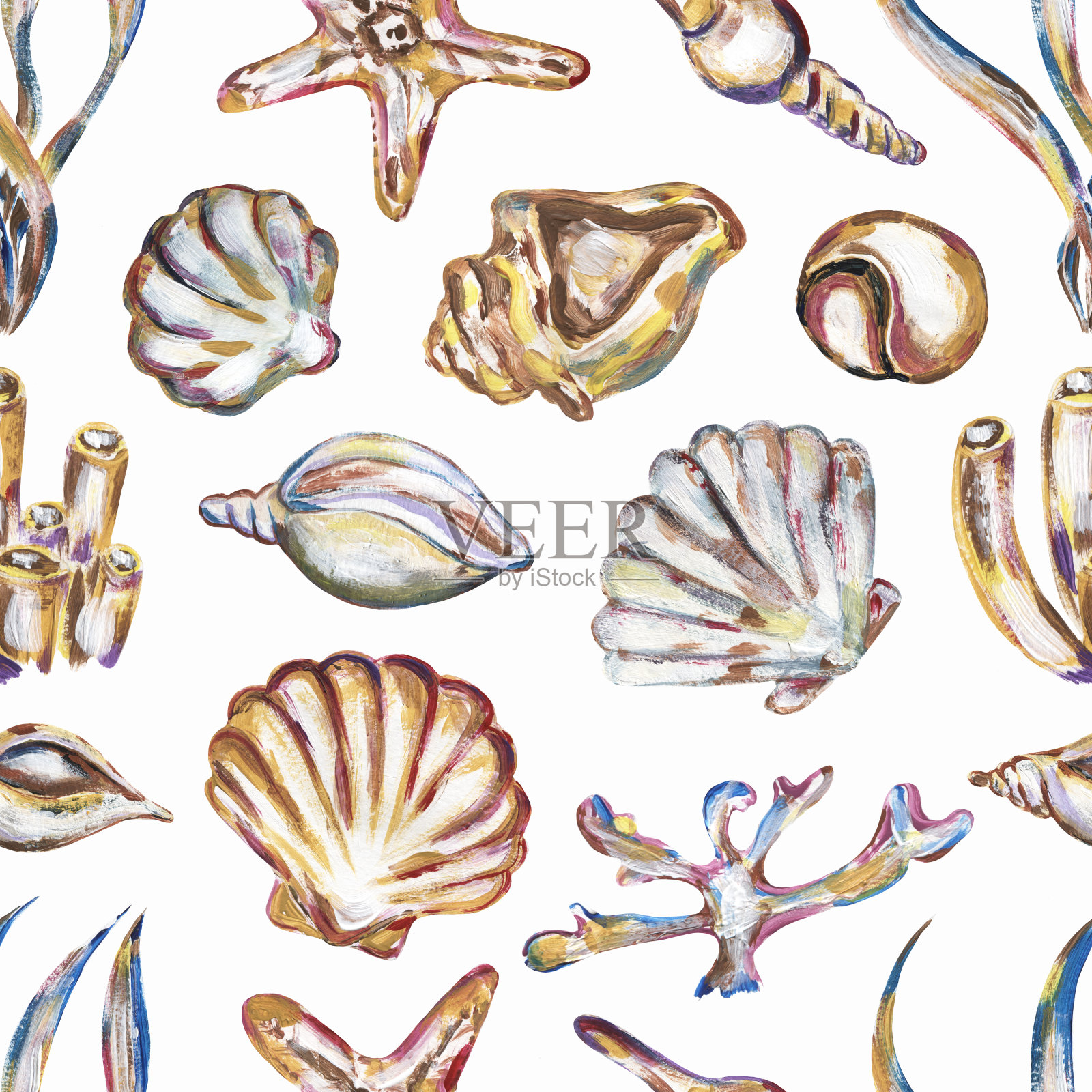 丙烯手绘海贝壳和珊瑚无缝图案,图文海洋生活重复纸插画图片素材