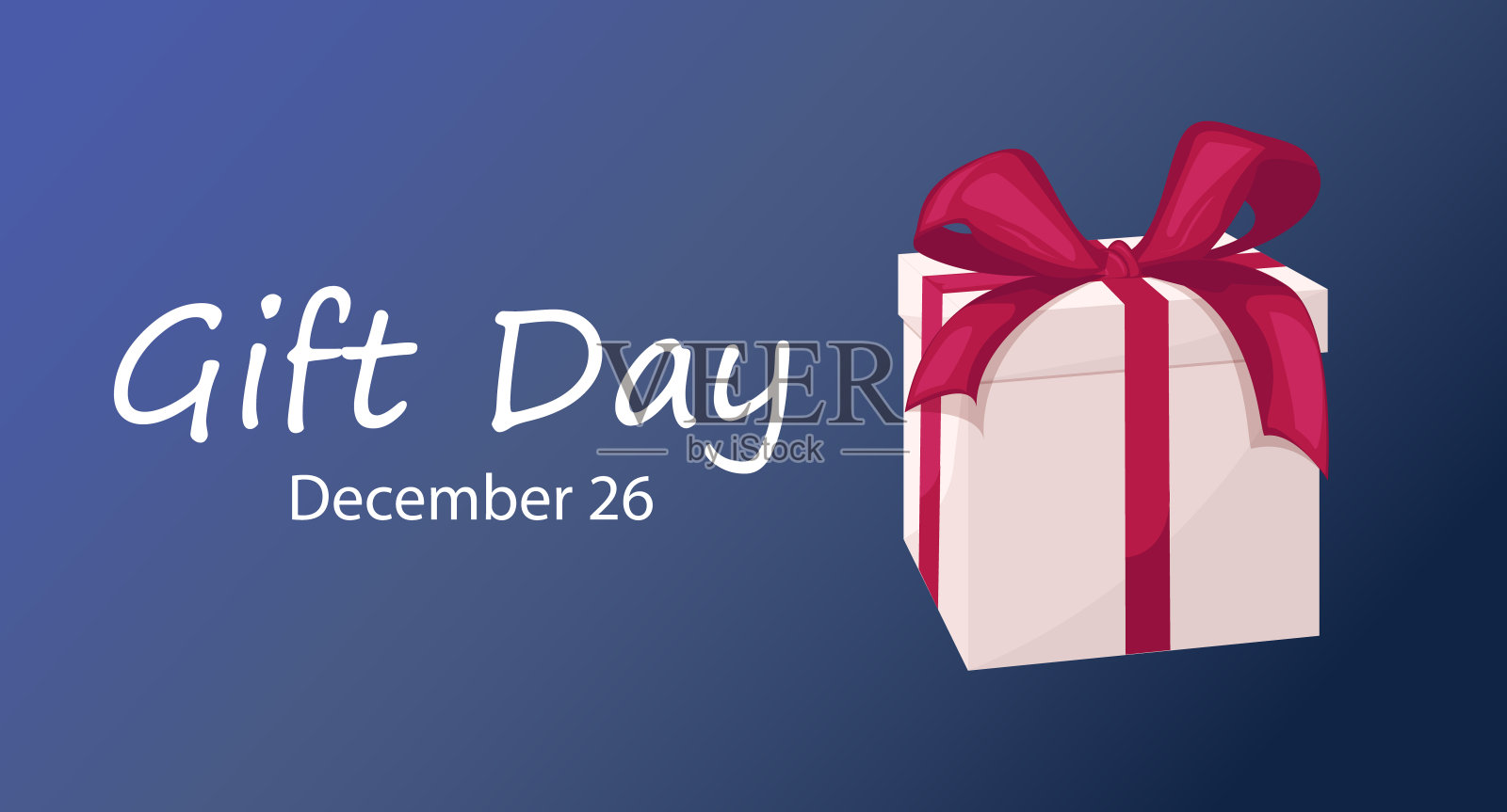 白色礼盒与红色蝴蝶结和丝带。节日礼物盒。礼物日是12月26日。圣诞节,新年,生日和周年纪念贺卡模板插画图片素材