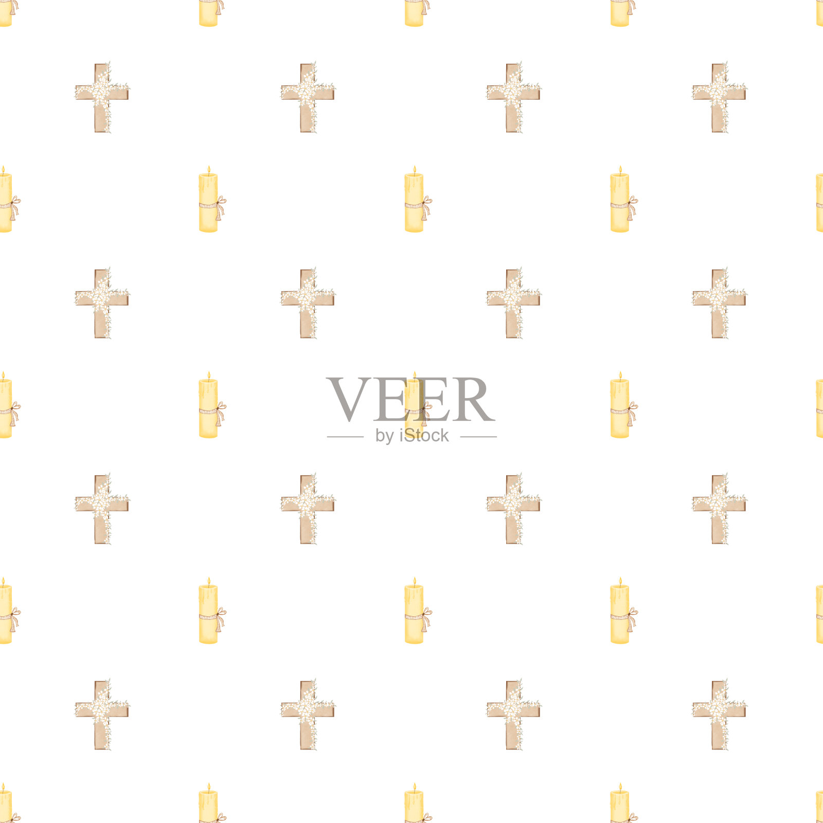 无缝图案的东正教十字架和蜡烛。精美的婴儿受洗图案用于织物、复活节蛋糕包装、餐巾纸、桌布等插画图片素材