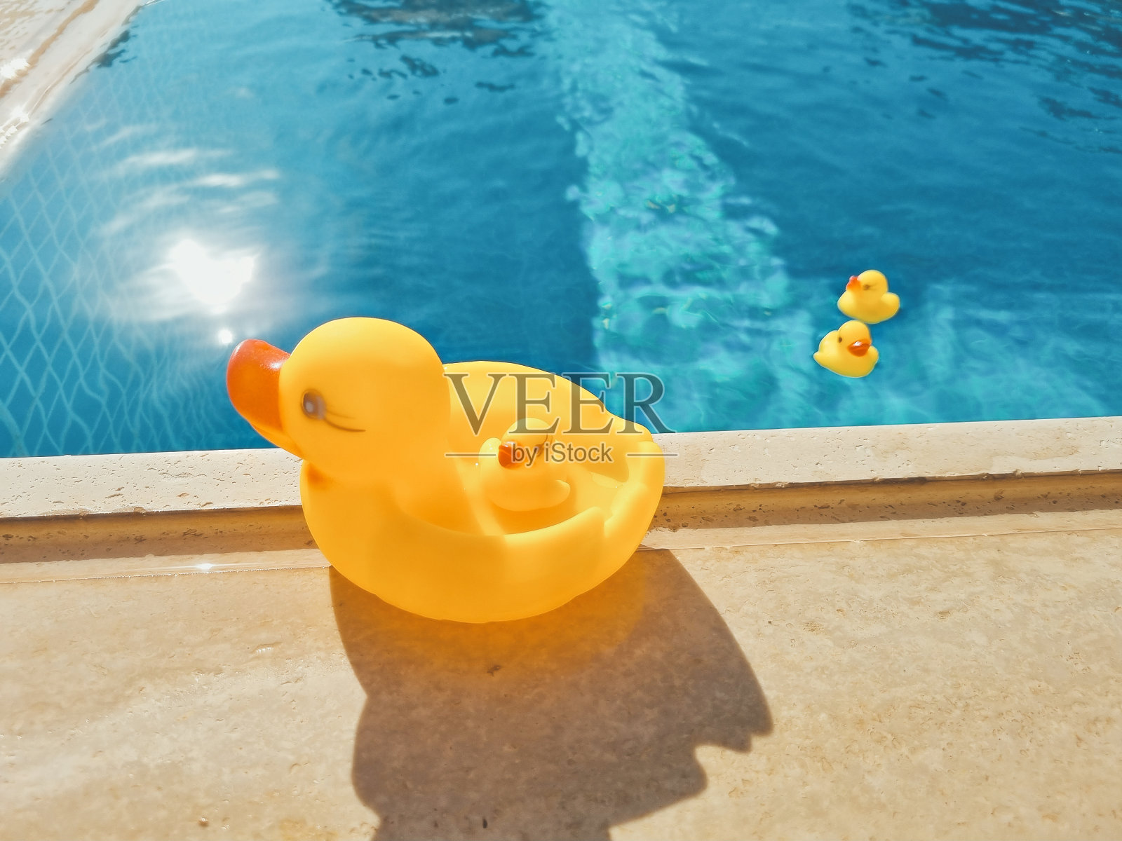 黄色的橡皮鸭靠近蓝色的水池。海滩度假概念。软的焦点。照片摄影图片