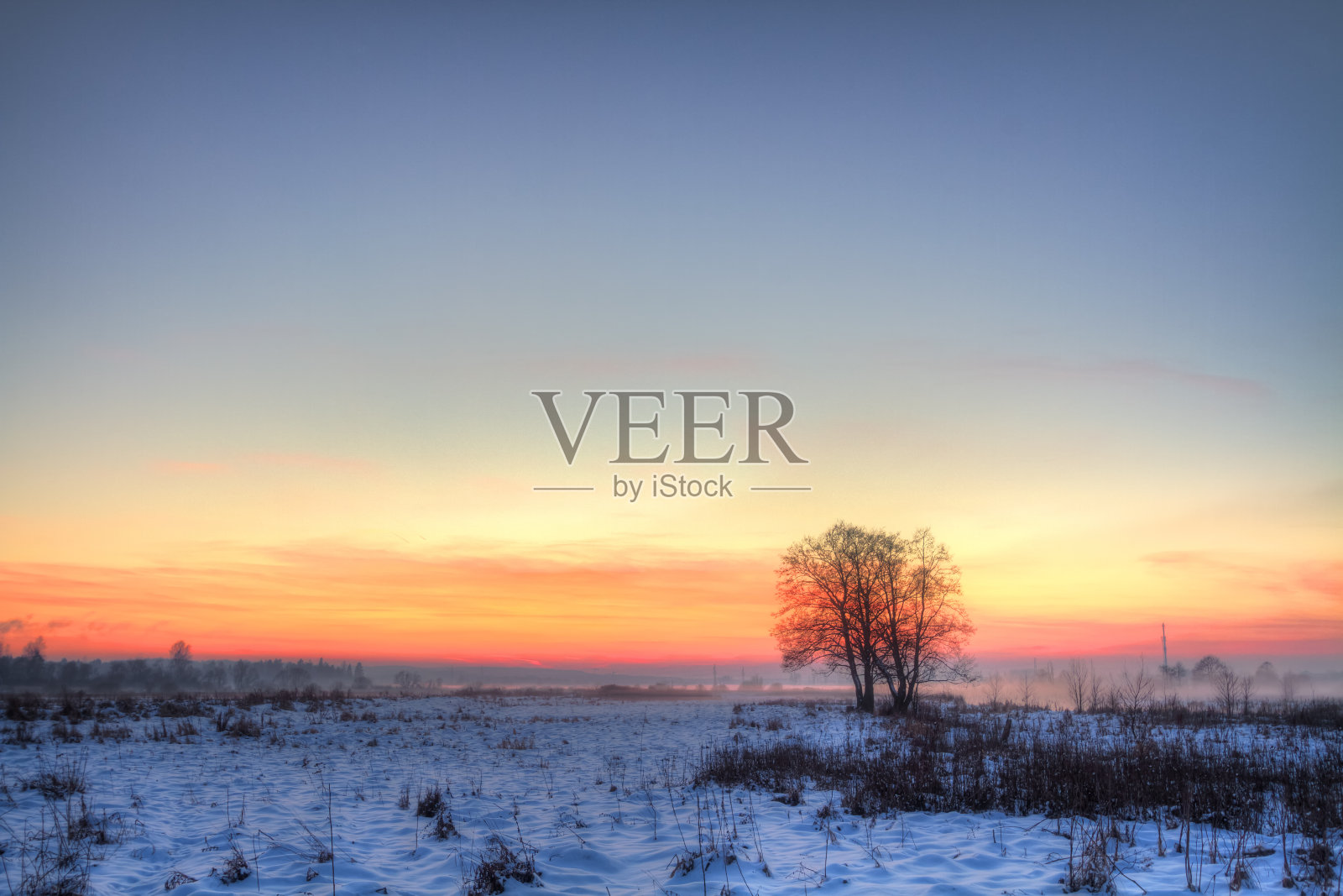 冬季景观,令人惊叹的冬季日落,波兰欧洲,河谷克尼辛原始森林照片摄影图片