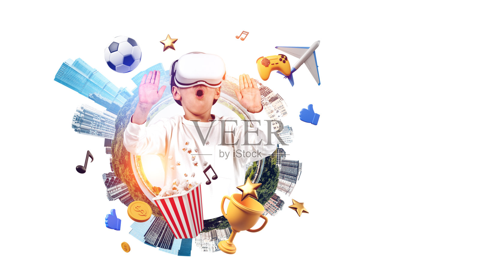 男孩戴着虚拟现实眼镜玩视频游戏,沉浸式技术和照片摄影图片