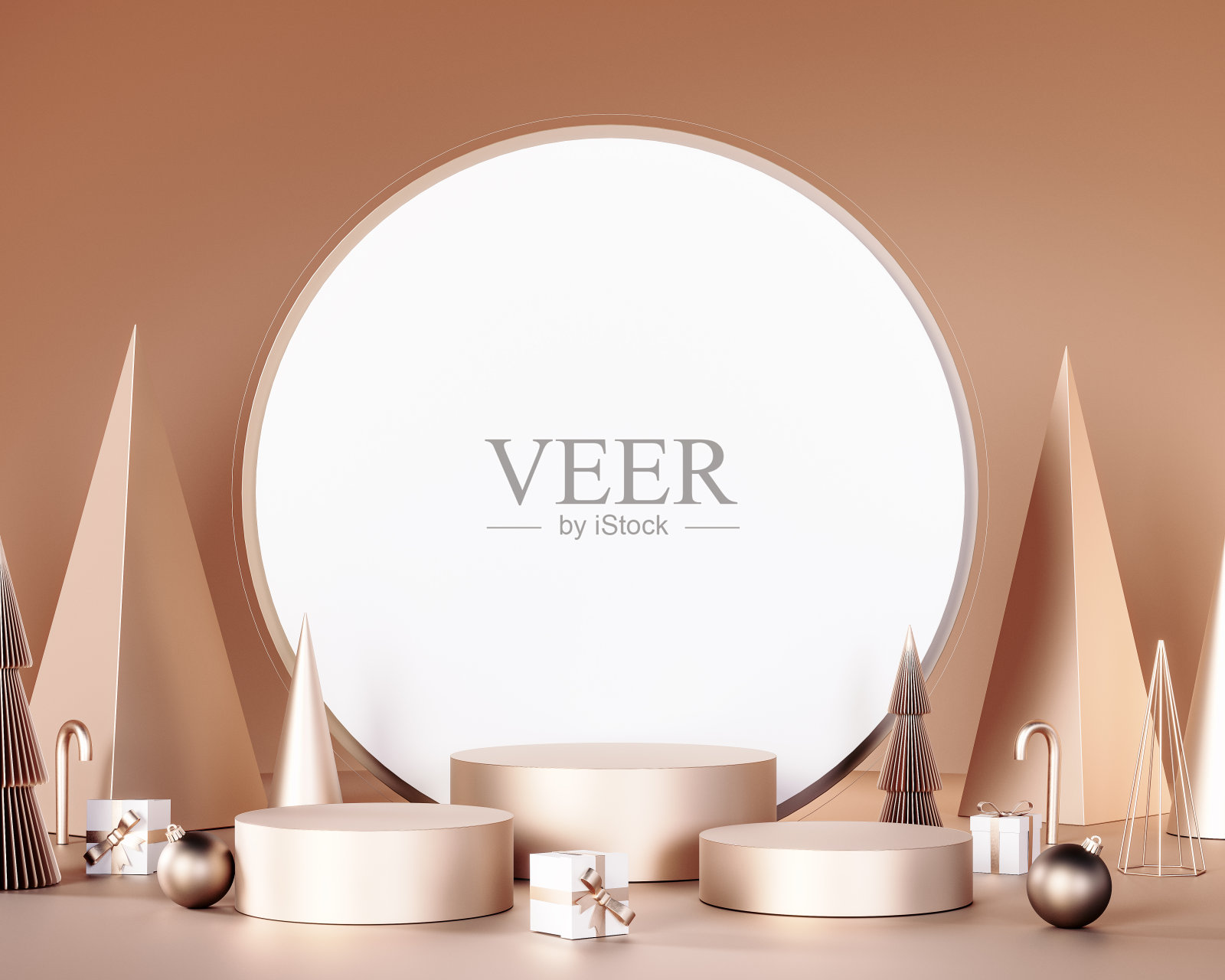 圣诞贺卡。金色圣诞装饰,空舞台或讲台,供产品展示。圣诞模型白色背景。照片摄影图片