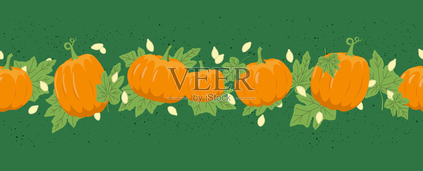 秋天南瓜无缝边界与树叶和种子在绿色的背景。平的,向量插画图片素材