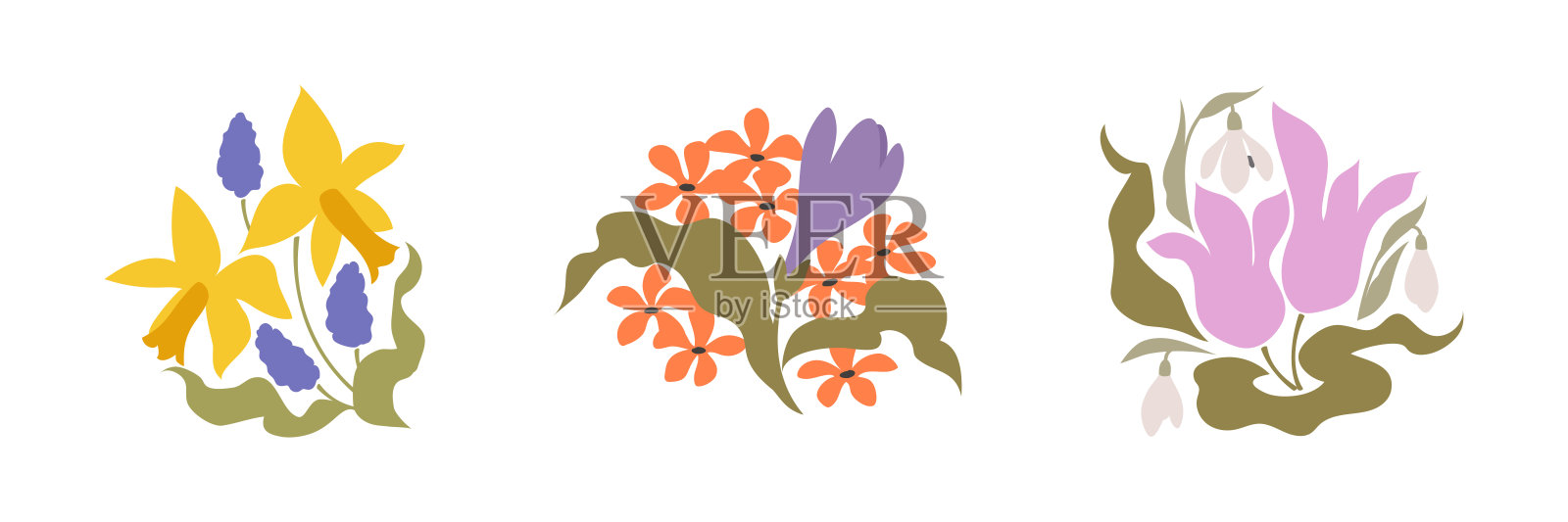 矢量标志设计模板的春天花像水仙花,报春花,藏红花,和郁金香。为花卉市场或花店的优雅简约风格的标志插画图片素材