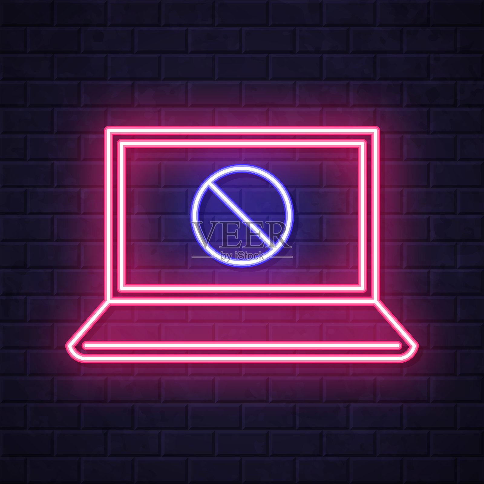 没有符号的笔记本电脑。在砖墙背景上发光的霓虹灯图标插画图片素材