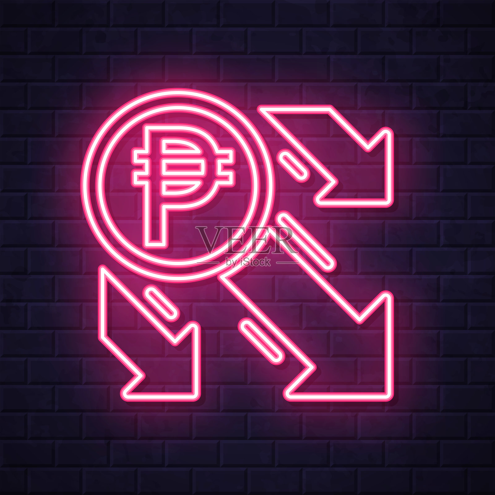 比索减少。在砖墙背景上发光的霓虹灯图标插画图片素材