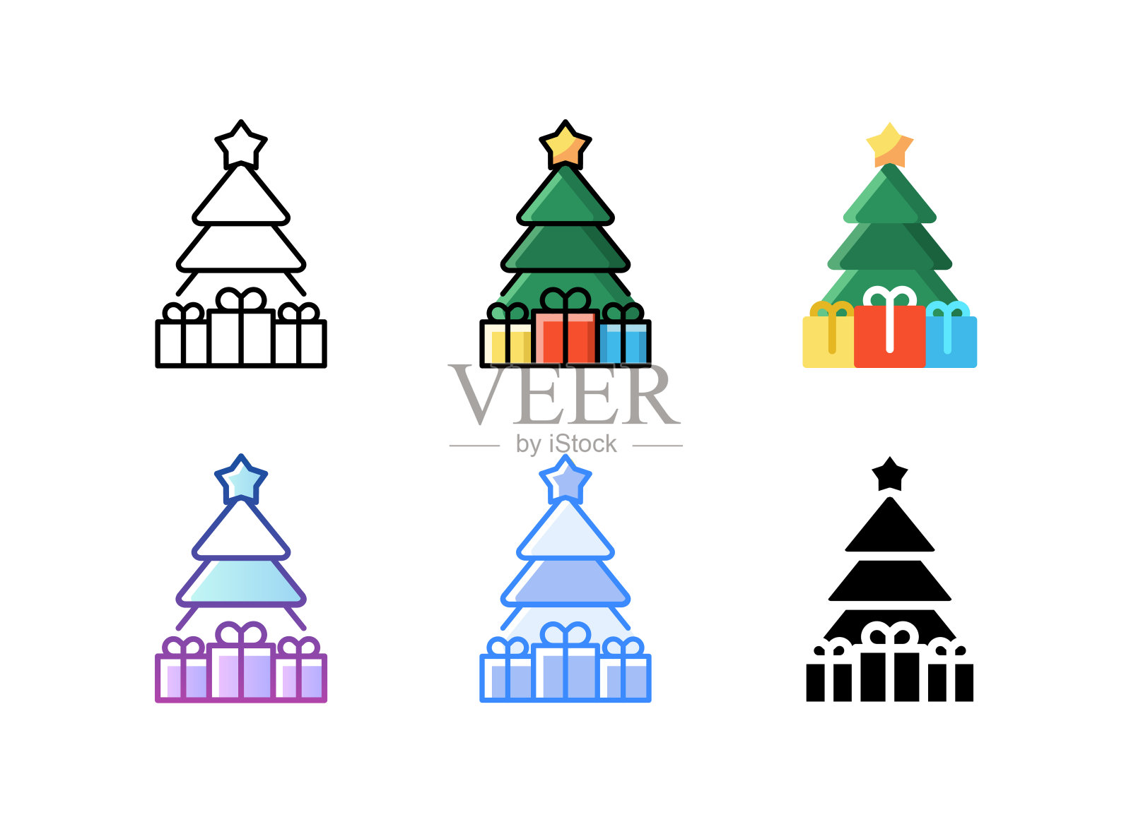 圣诞树图标。6不同的风格。可编辑的中风。插画图片素材