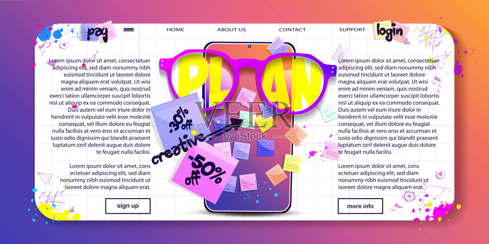 卡通风格的创意管理。这是一款戴着眼镜的拟人化手机,屏幕上有一个信息板,还会飞出多种颜色的贴纸。时尚的矢量web模板的移动应用程序。插画图片素材