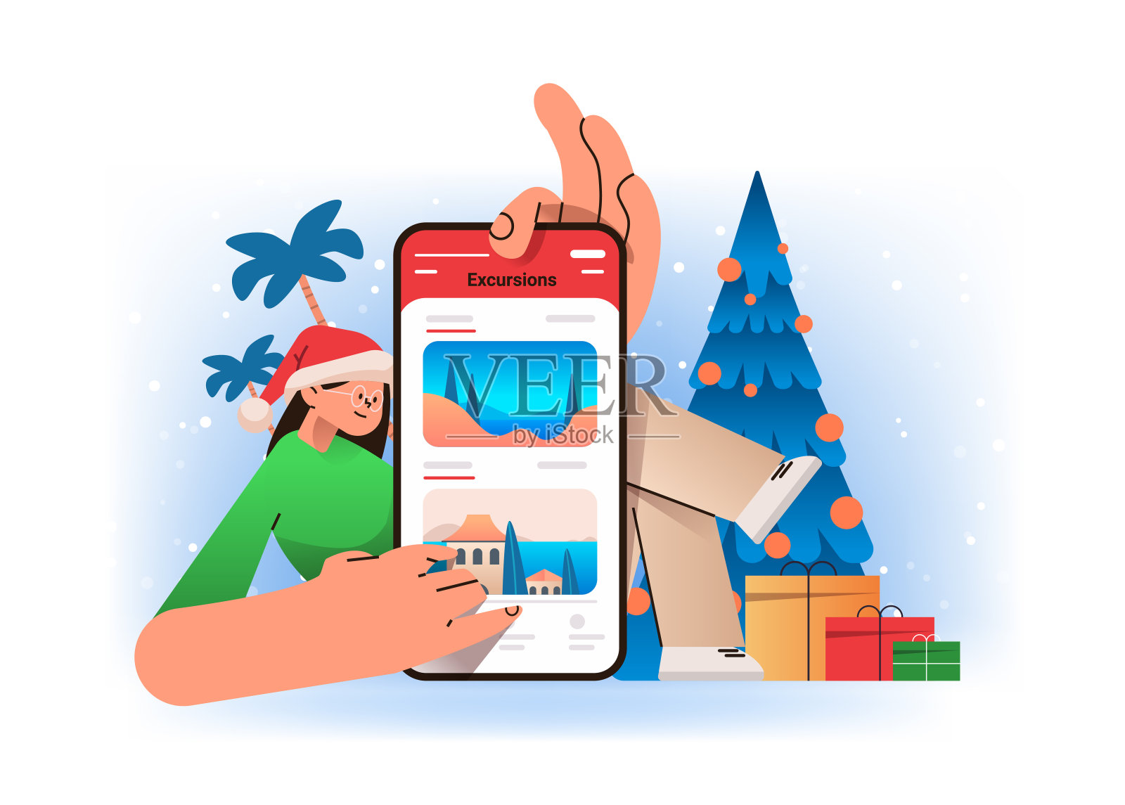 戴着圣诞老人帽子的女士在手机应用程序中选择和预订旅行,在智能手机屏幕上选择个人导游插画图片素材