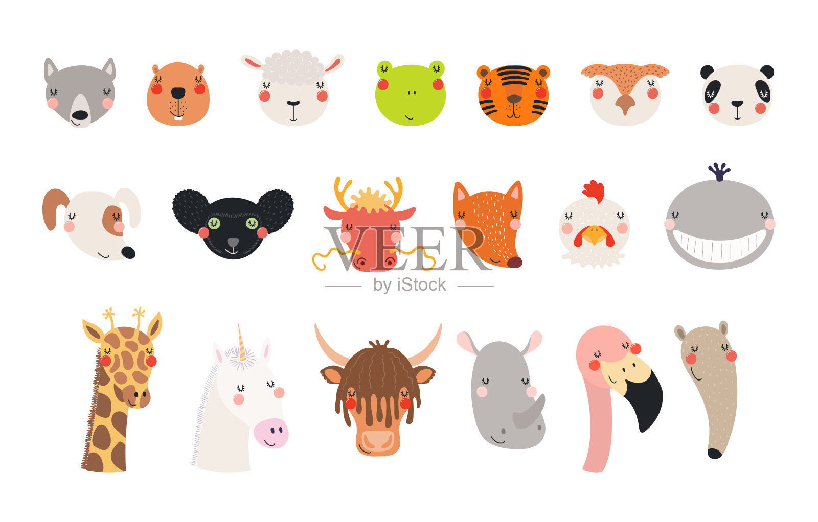 可爱有趣的小动物脸插图集。插画图片素材