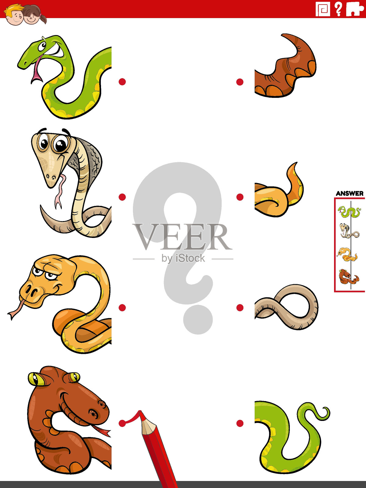 将两半的图片与蛇的教育活动配对插画图片素材