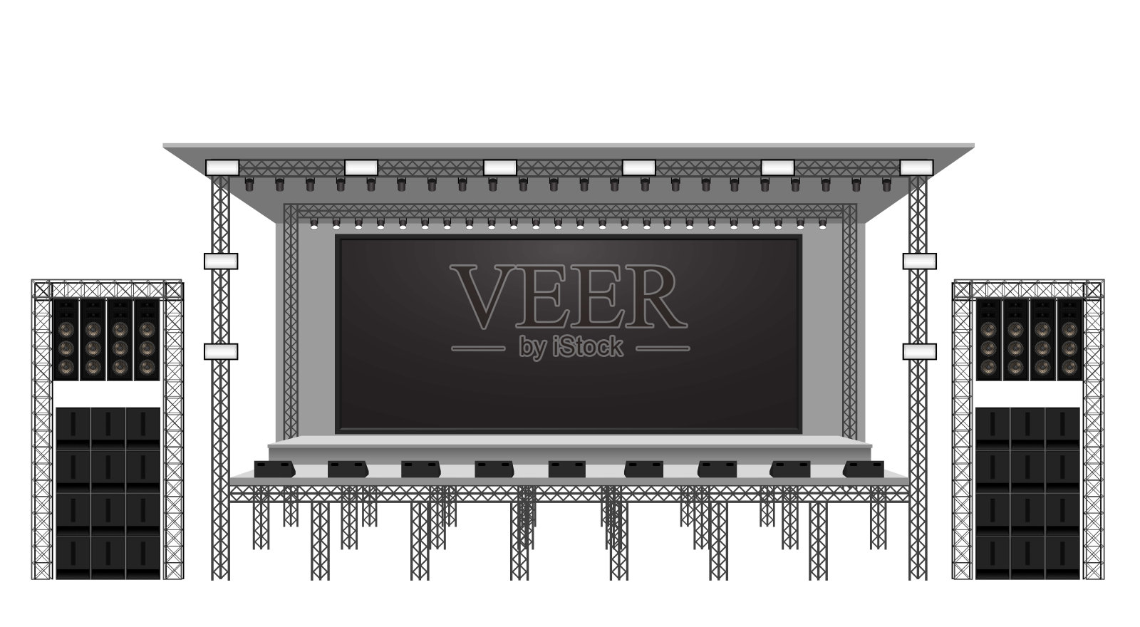 白色的舞台和扬声器,聚光灯放在白色背景的桁架系统上插画图片素材