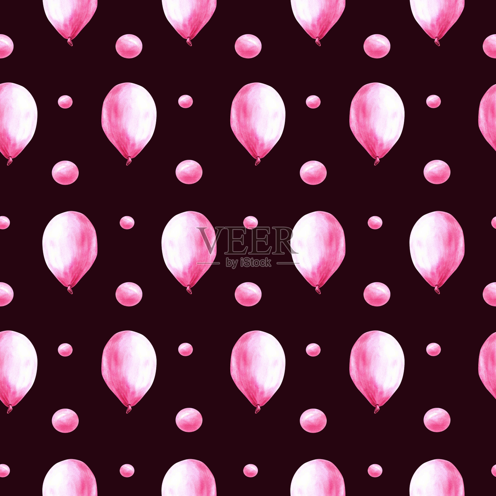粉红色的气球无缝图案与气泡和豌豆水彩手绘插图,孤立插画图片素材