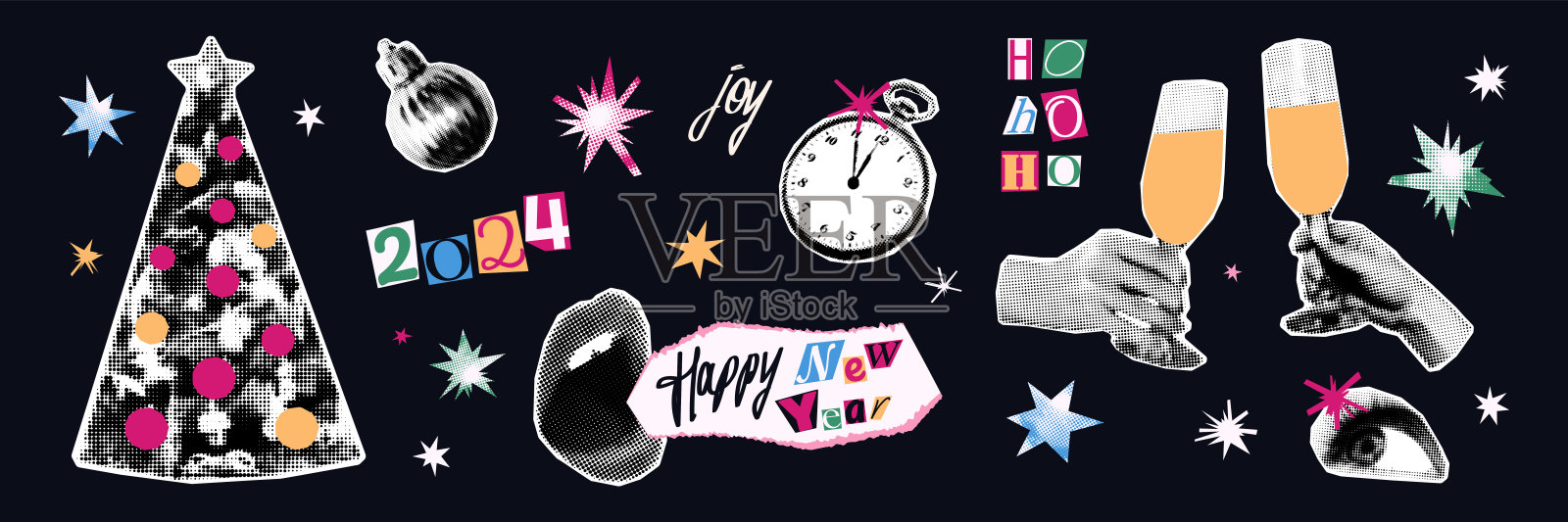 圣诞节和新年半色调拼贴集矢量插图插画图片素材