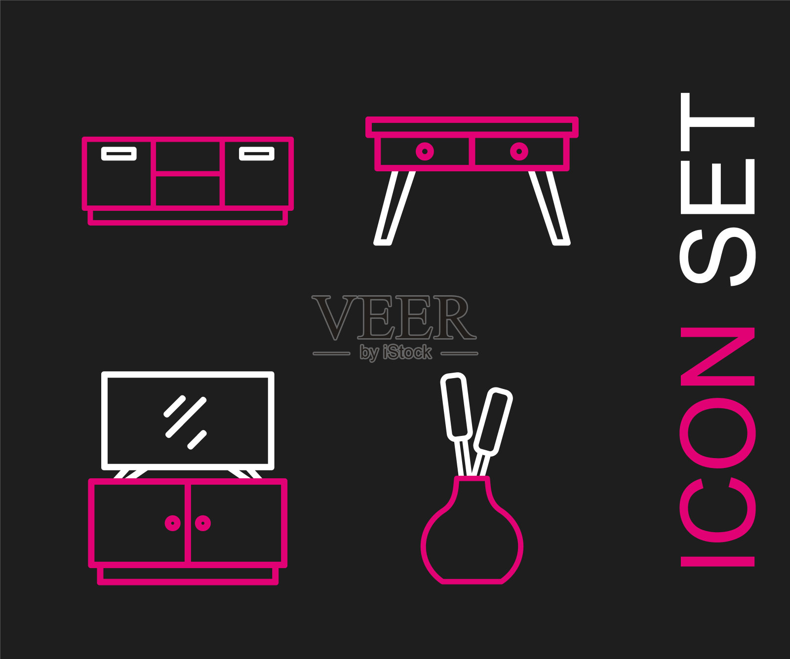 集线花瓶,电视桌架,办公桌和家具床头柜图标。向量插画图片素材