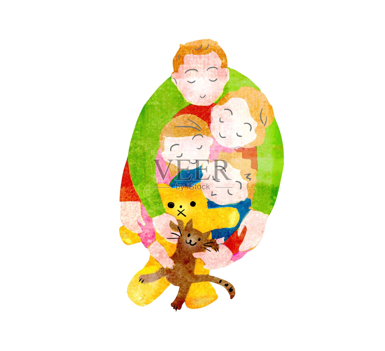 夫妻、孩子和宠物家庭插画图片素材