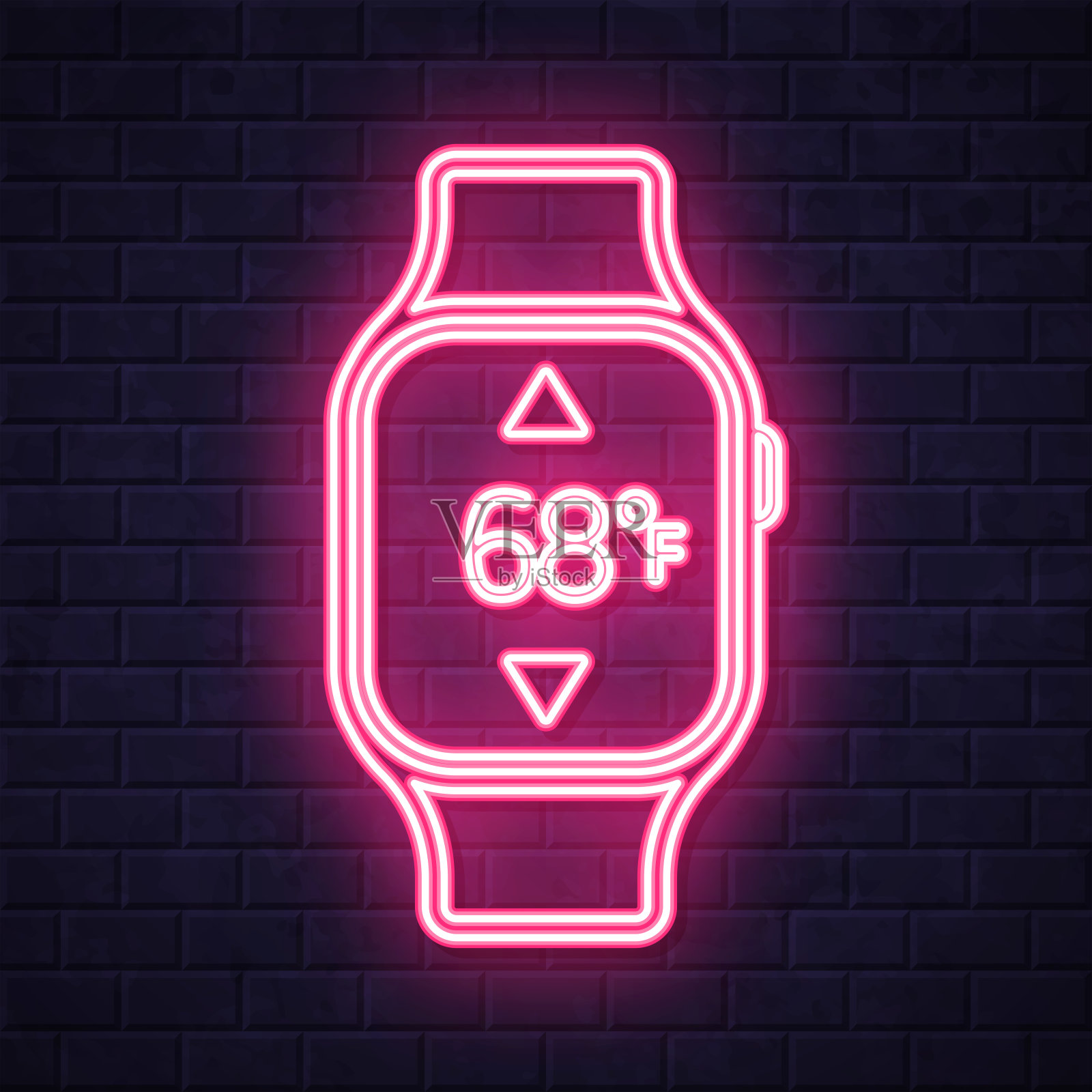 带加热控制的智能手表。在砖墙背景上发光的霓虹灯图标插画图片素材