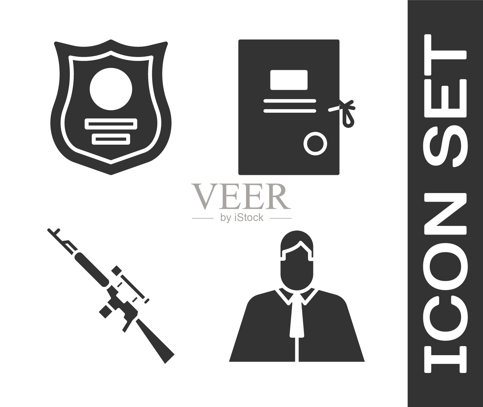 集律师,律师,法学家,警察徽章,狙击步枪与范围和诉讼文件图标。向量插画图片素材