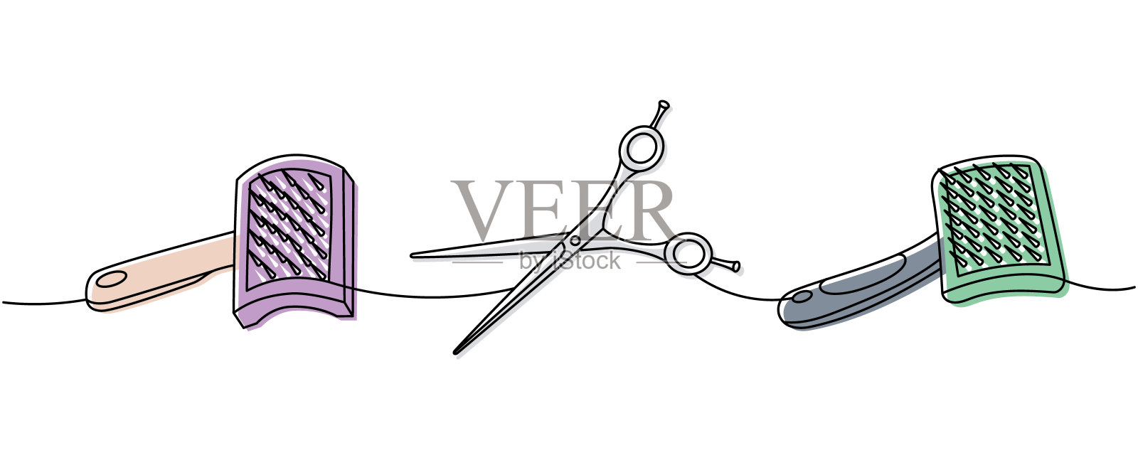 动物用品收集。宠物毛刷,除毛器,剪刀,用于宠物美容连续一行说明。向量线性图解。插画图片素材