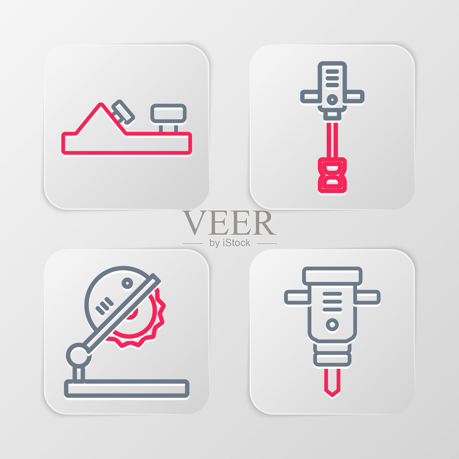 集施工手提钻,木工台锯,电动手动混凝土搅拌机和木工平面工具图标。向量插画图片素材