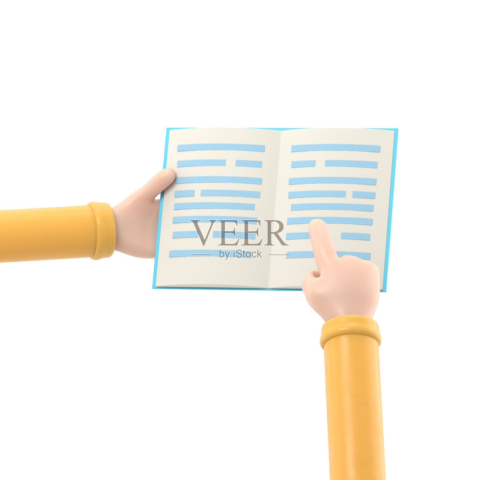 卡通手势图标模型。打开手中的书,阅读,教育,白底3D渲染。照片摄影图片