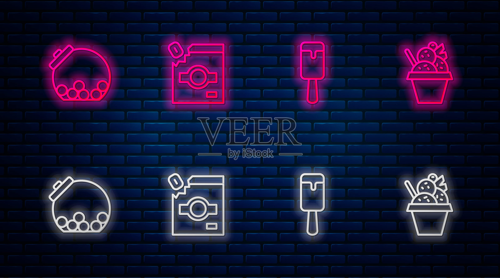 糖果包装:糖果,冰淇淋,玻璃罐和碗。砖墙上发光的霓虹灯图标。向量插画图片素材