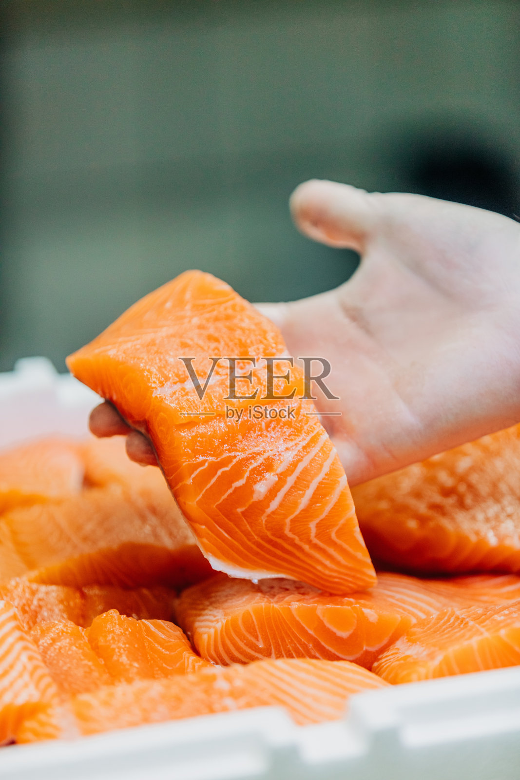 在餐厅烹饪前将三文鱼切成片包装照片摄影图片