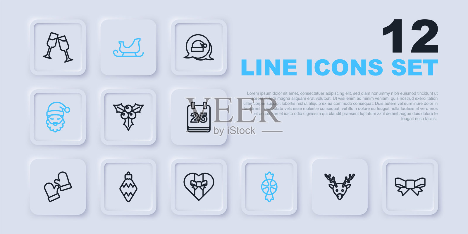 集线驯鹿,礼品弓,一枝维本,糖果,圣诞老人帽胡子,圣诞玩具,圣诞老人雪橇和盒子图标。向量插画图片素材