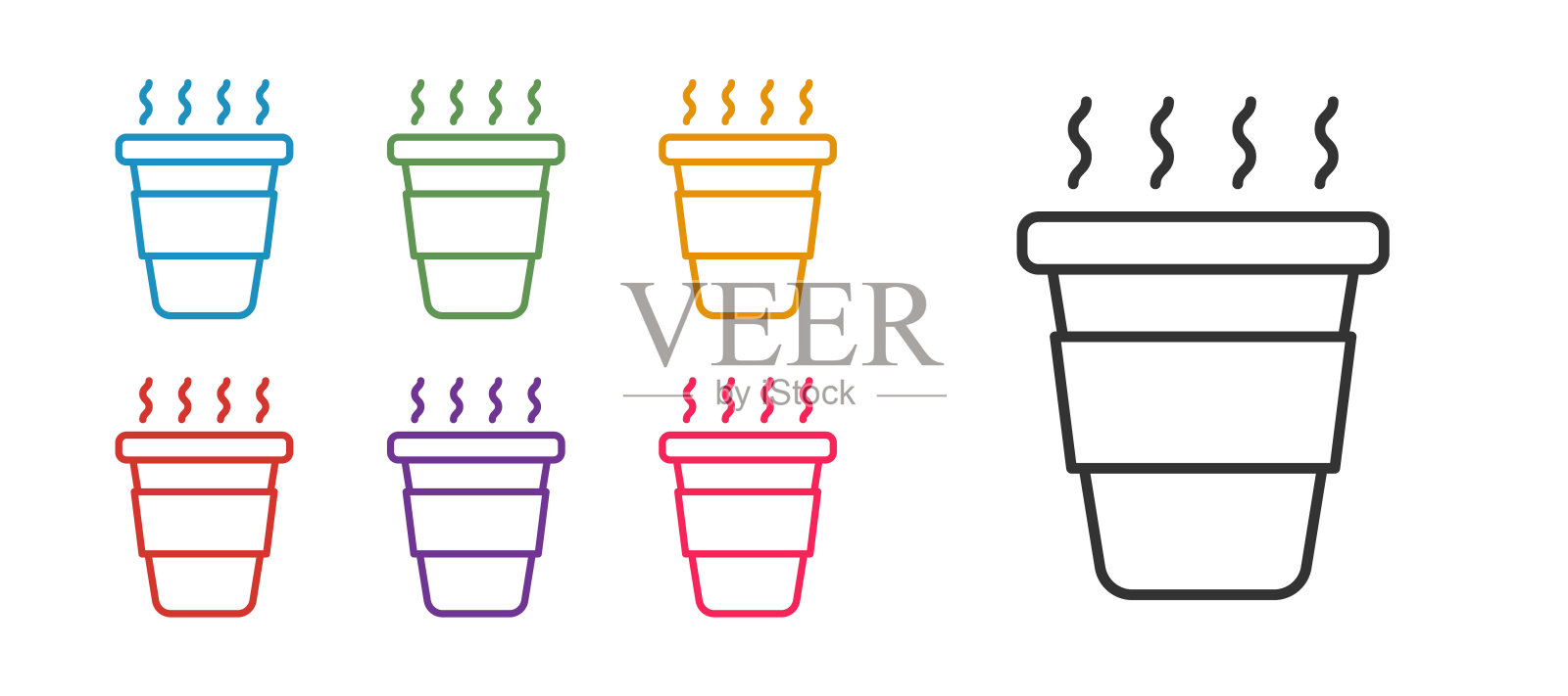 设置线咖啡杯去图标孤立的白色背景。设置图标彩色。向量插画图片素材