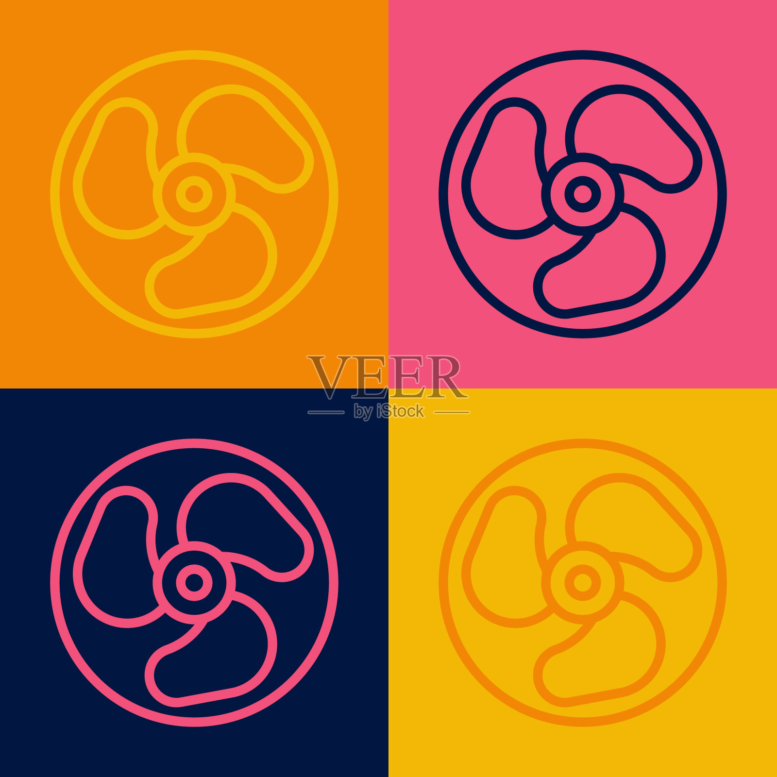 波普艺术线舷外船马达图标孤立的彩色背景。船的引擎。向量插画图片素材