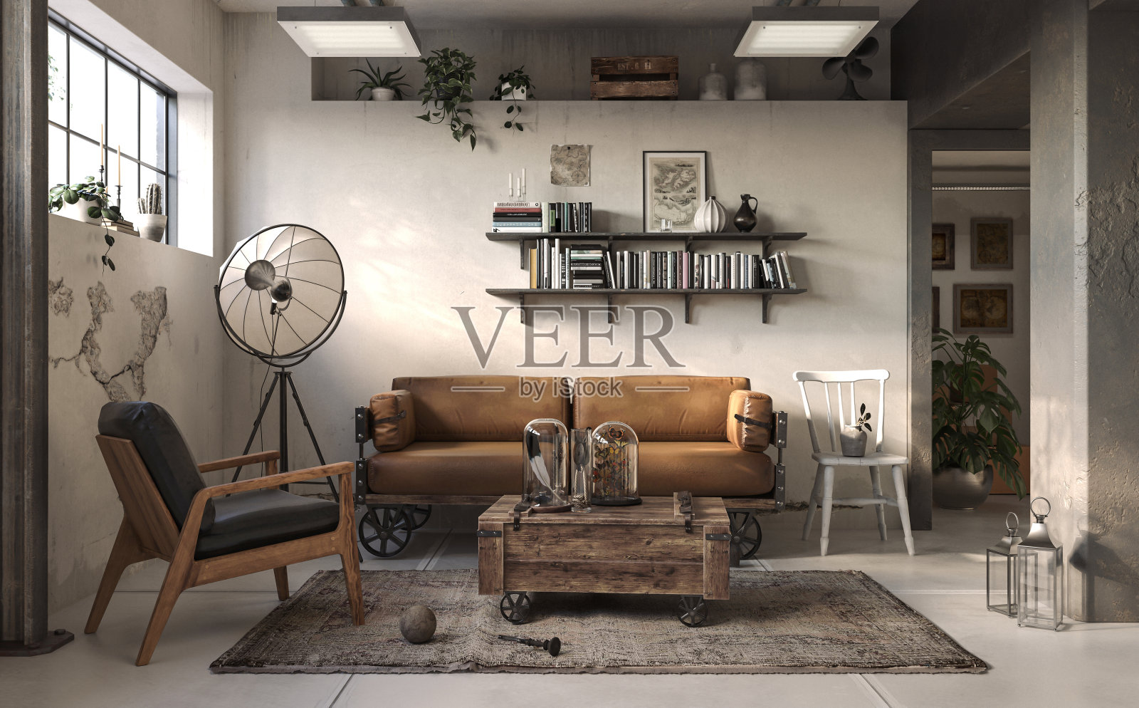 工业砖客厅室内设计。阁楼公寓与现代家具和硬木地板,3d渲染照片摄影图片