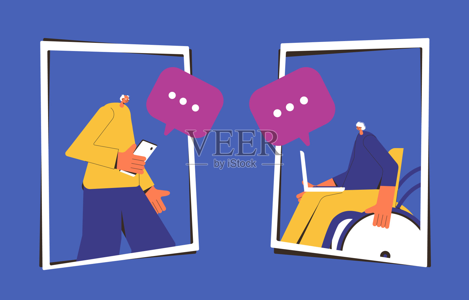 在线交流概念。虚拟连接。成熟的人物与电话和笔记本电脑交谈。穿着便服的高级男女互发短信。矢量插图。插画图片素材