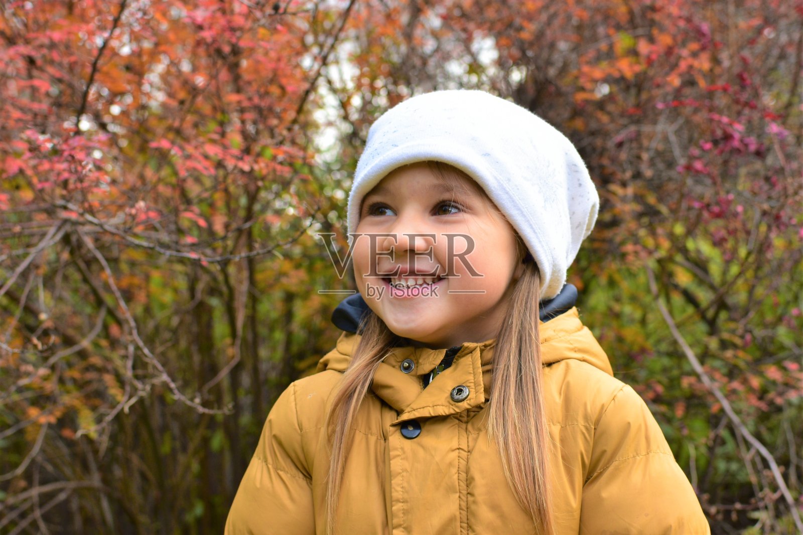 一个穿着暖和衣服的漂亮小女孩的肖像照片摄影图片