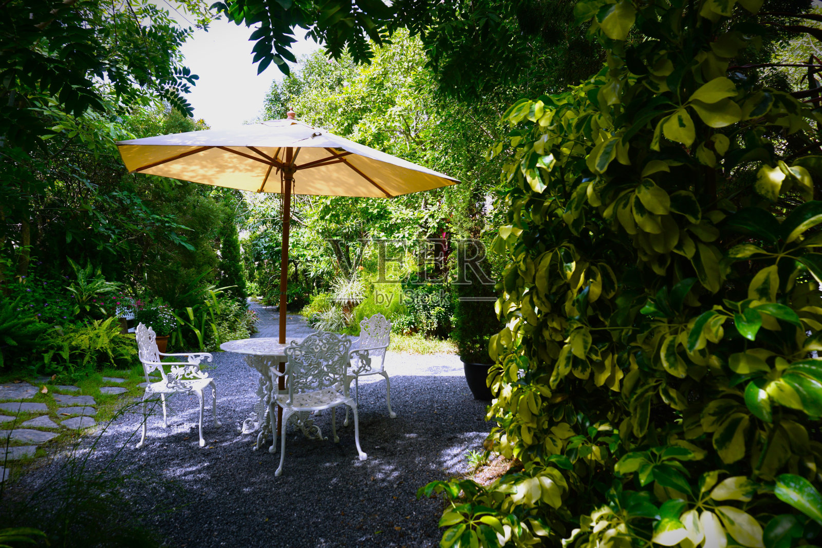 花园静修用的白色椅子照片摄影图片