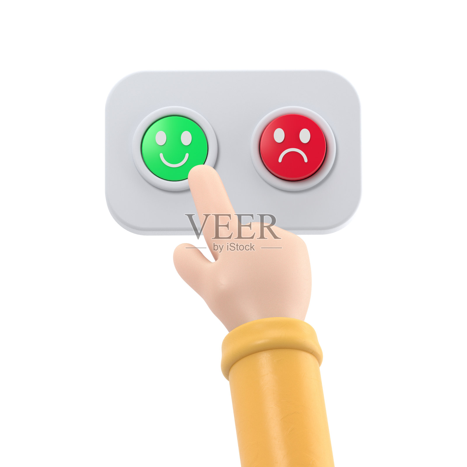 满意的顾客卡通手按下绿色按钮。商业或市场剪贴画。积极体验情绪。白色背景的3D渲染。照片摄影图片