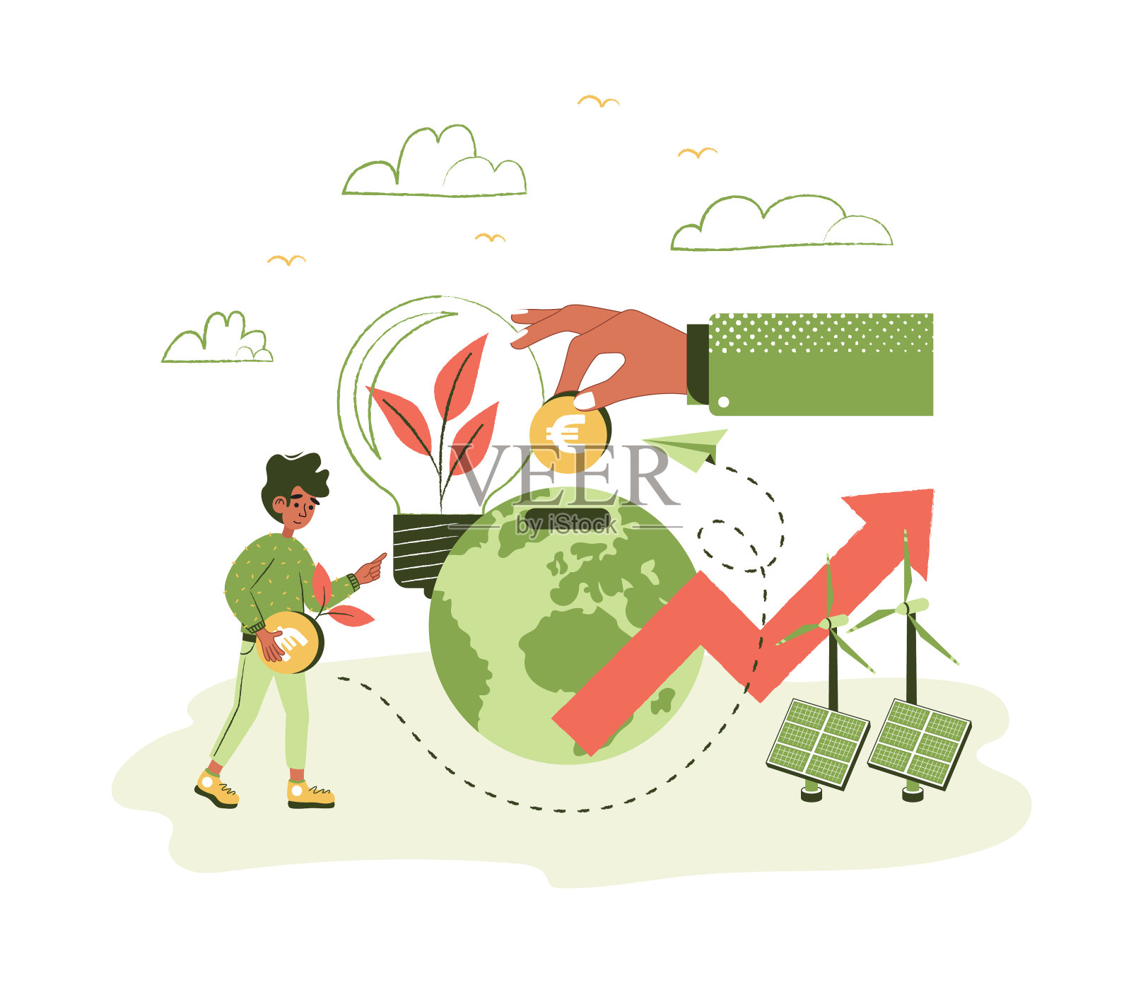 展示通过碳管理和税收减少二氧化碳排放影响的方法。可持续发展插图集。低碳环保责任理念。插画图片素材